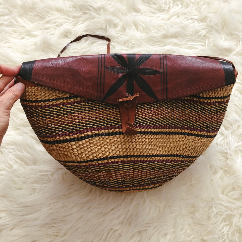 Vintage woven leather and jute bag